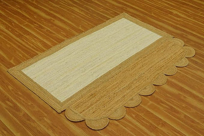 Scalloped Edge Rug, Hand Woven Natural Jute Area Rug, 4x7 Ft Beige & Brown Braided Sisal Kilim Rugs for Living Room, Kitchen, Entryway, Farmhouse