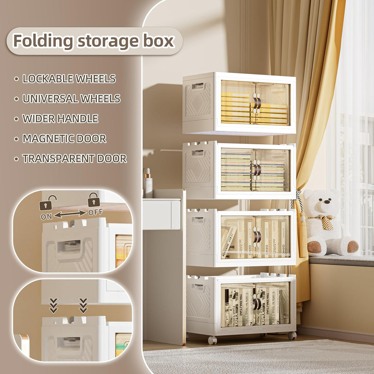 200 QT / 50 Gal Rolling Foldable Storage Cabinet with Stackable Feature - Double Magnetic Doors, Leather Handles, Durable Plastic for Closet/Office, Easy Assembly & Move