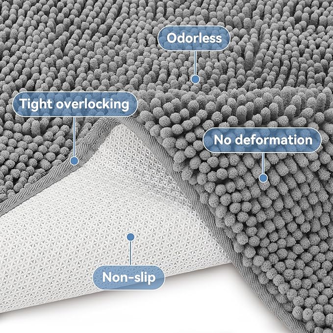 Bcoimo 44"×24" Absorbent Bath Mat, Non-Slip with Backing Chenille Bath Rug and Machine Washable Bathroom Mat Quick-Dry Design. Ideal for Bathroom and Tub Areas