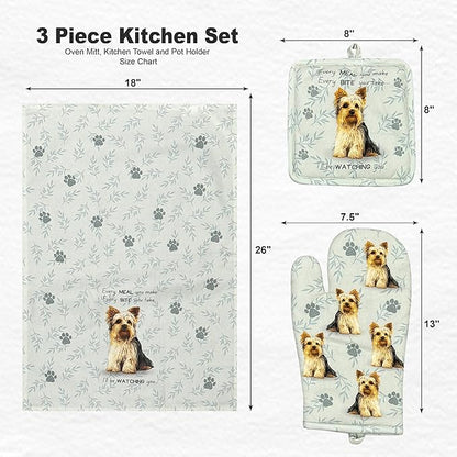 Yorkie 3-Piece Kitchen Set - Oven Mitt, Pot Holder & Kitchen Towel Set, Heat Resistant up to 420 F, Soft Quilted Cotton for Cooking, Baking, BBQ, Pet Lover Gifts (Yorkie)