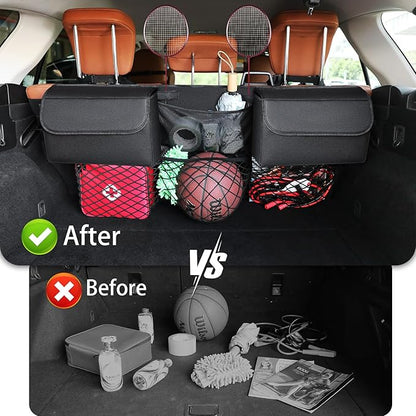 Deluxe Trunk Organizer for Car Small SUV, Backseat Hanging Trunk Organizer, Waterproof Collapsible Car Storage Bag with 6 Pockets, Reinforced No-Sag Design