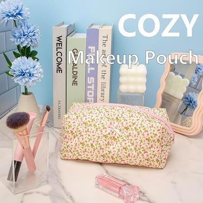 Cozy Makeup Bag Travel Cosmetic Bag for Women Soft Toiletry Bag Aesthetic Makeup Organizer Portable Large Zipper Pouch for Skincare Beauty Accessories Brushes Floral Pink