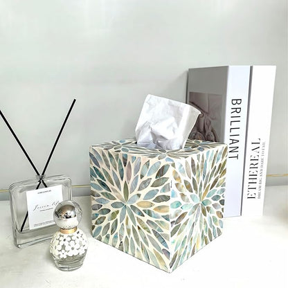 i-lan Mother of Pearl Cube Tissue Cover Box,Sea Pearl Shell Blue Flower Decorative Square Tissue Holder,5.9” Capiz Mop Napkin Box with Bottom Slider
