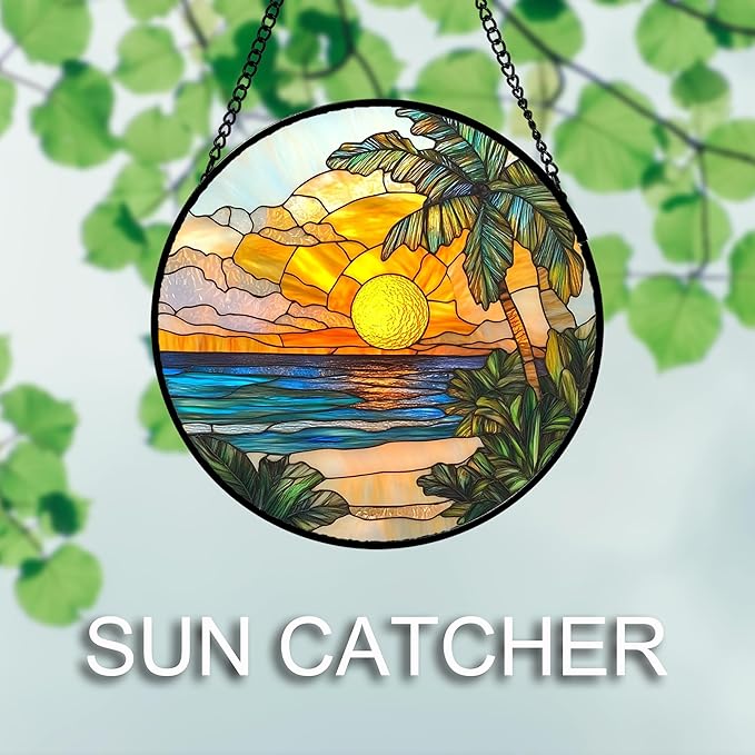 DASTOLL Stained Glass Window Hanging 4 Pcs Set Blue Ocean Coconut Tree Scenery