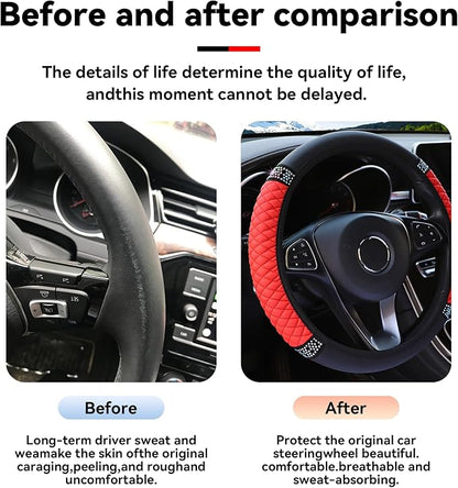 Bling Car Steering Wheel Cover, 15 Inch Rhinestones Soft Leather Elastic Steering Wheel Protector, Sparkly Crystal Diamond for Women Girls, Car Interior Accessories for Most Cars (Red)