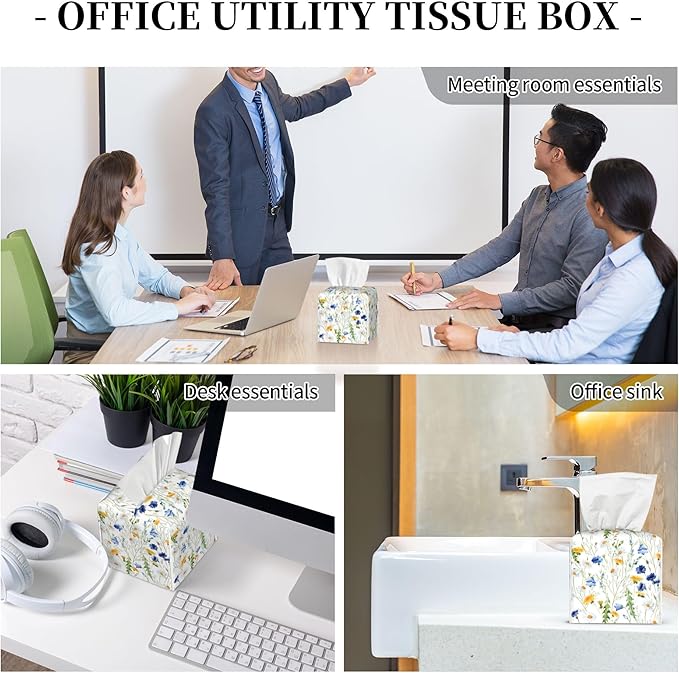 Tissue Box Cover Square, Watercolor Dandelion Cornflower Flower Leather Tissue Box Holder Decorative Organizer for Bathroom, Home Office Car Decor