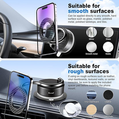 LivTee Vacuum Magnetic Phone Holder for Your Car, The 360° Adjustable Suction Cup Phone Mount with a Sleek Metallic & Carbon Fiber Design, Features a 3000gf Magnet, Fits Magsafe, Fits iPhone & Android