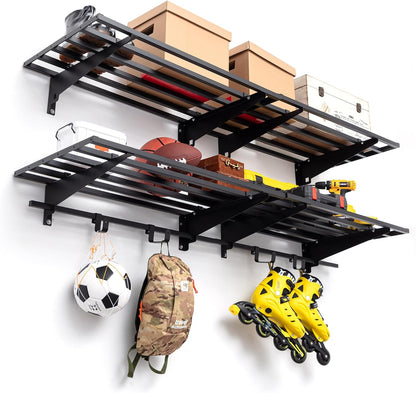 Garage Wall Shelving with Hooks,2-Pack 1.64 x 6ft Garage Wall Shelf,Loads 1050 lbs Heavy Duty Wall Shelves,20” x 72” Garage Shelves Wall Mounted,Black