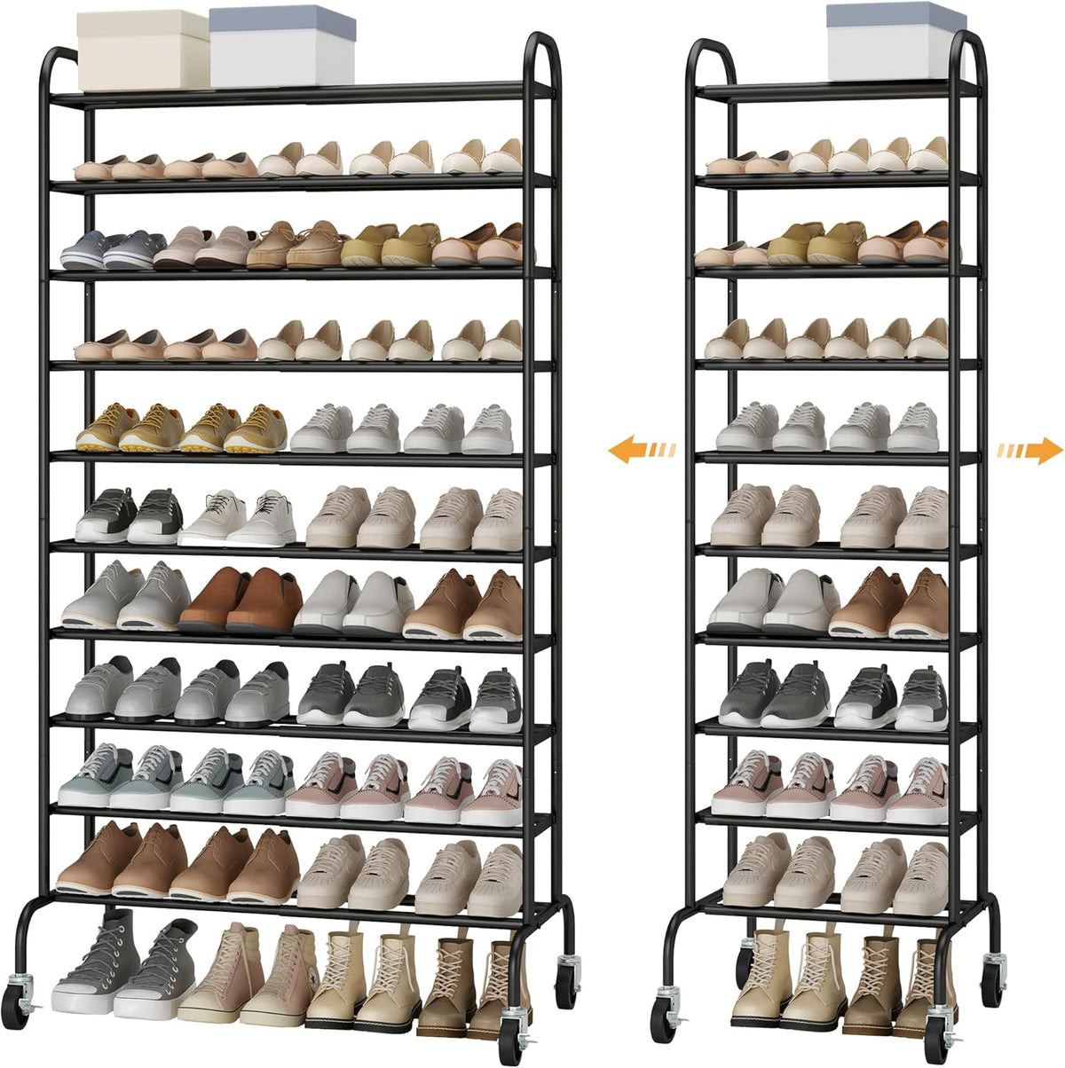 STO STO Expandable Shoe Rack, 10-Tier Metal Tall Shoe Rack for Garage, Up to 44 Pairs Adjustable Shoe Rack Storage for Front Door Entrance, Free Standing Shoe Rack Organizer for Entryway, Black