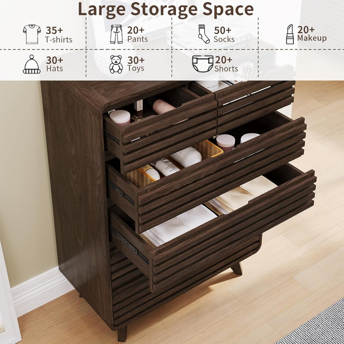 3 Piece Bedroom Set, Tall Dresser and Nightstand Sets for Bedroom, Fluted 6 Drawer Dresser and Nightstand Set of 2, Wood Chest of Drawers Storage Organizer Cabinet Set, Dark Walnut