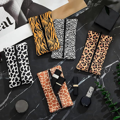 Sherr 5 Pcs Tissues Purse Pocket Holder Reusable Travel Pouch Fabric Zipper Enclosed Small Size Leopard and Zebra Print Pattern Tissue Holder for Purse Coins for Christmas