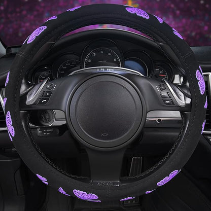 Car Pass Purple Butterfly Steering Wheel Covers, 14.5" to 15.5" Car Wheel Cover Universal Fit for Suvs, Small Trucks, Sedans, Cars for Cute Women Girly (Black and Purple)