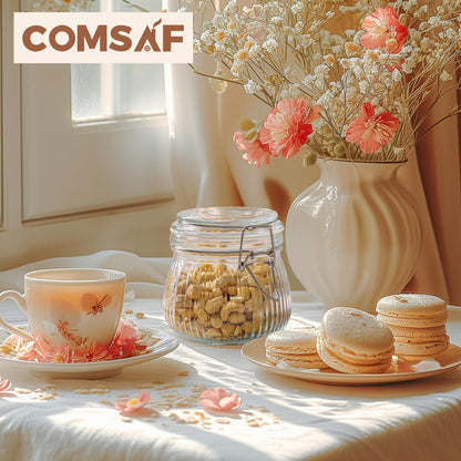 ComSaf Airtight Glass jar with lid 17oz, Glass Storage Containers with Lids, Small Canister, Mason Jars, Minimalist Jar for Kitchen Canning, Overnight Oats, Pickle, Spice, Set of 6