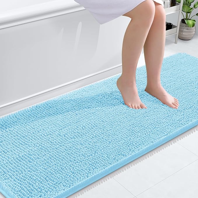 OLANLY Bathroom Rugs 70x24, Extra Soft Absorbent Chenille Bath Rugs, Rubber Backing Quick Dry, Machine Washable Bath Mats for Bathroom Floor, Tub and Shower, Home Decor Accessories, Sky Blue