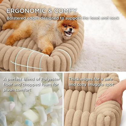 Bedsure Washable Dog Bed for Medium Dogs - Cute Furry Puppy Beds, Rectangle Orthopedic Corduroy Fleece Pet Beds with Removable Zipper Cover, 30x24x8inches, Sandy Beige