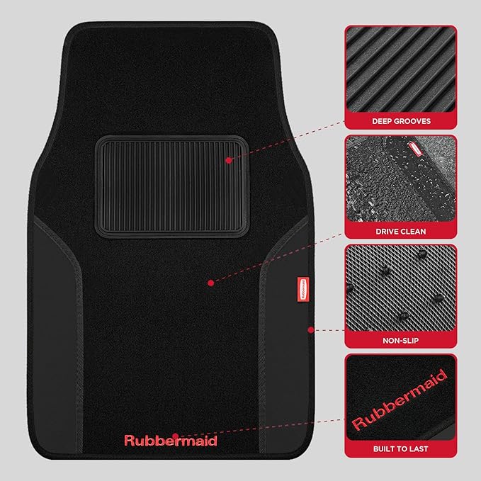 Rubbermaid Car Mats, Carpeted Floor Car Mat with Faux Leather & Built-in Heel Pad, Two-Tone Car Rug Floor Mats, Stylish Carpeted Floor Mats for Cars, Trucks & SUVs Black Color