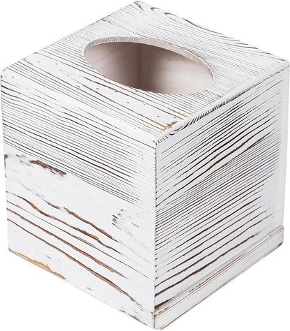 CATORY Tissue Box Cover, Wood Tissue Box Cover Square, Farmhouse Tissue Box Holder Covers Your Tissues, Decorative Tissue Cube Box Cover with Slide-Out Bottom (White)
