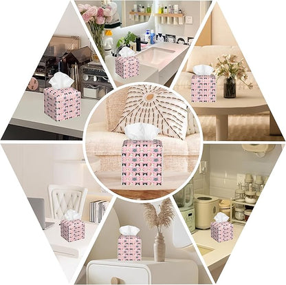 Leather Tissue Box Holder Cute Cat Faces Tissue Box Cover Facial Paper Case Organizer Cube Napkin Dispenser for Bathroom Vanity Countertop Night Stand Office Car