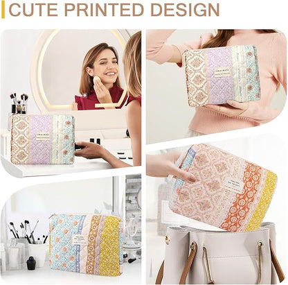 Gosect Floral Makeup Bag, Small Cosmetic Bag for Women Girls, Cute Cotton Makeup Bag, Quilted Makeup Bags, Flower Travel Toiletry Organizer Bag(Color-Coded Floral)