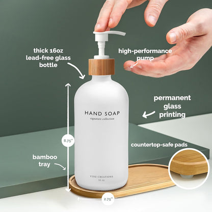 Vine Creations White Glass Soap Dispenser Set, Hand Soap and Dish Soap Dispenser Set with Bamboo Tray, 16 oz Glass Dispensers Bottle for Kitchen and Bathroom Decor Modern Boho with Bamboo Pump (White)