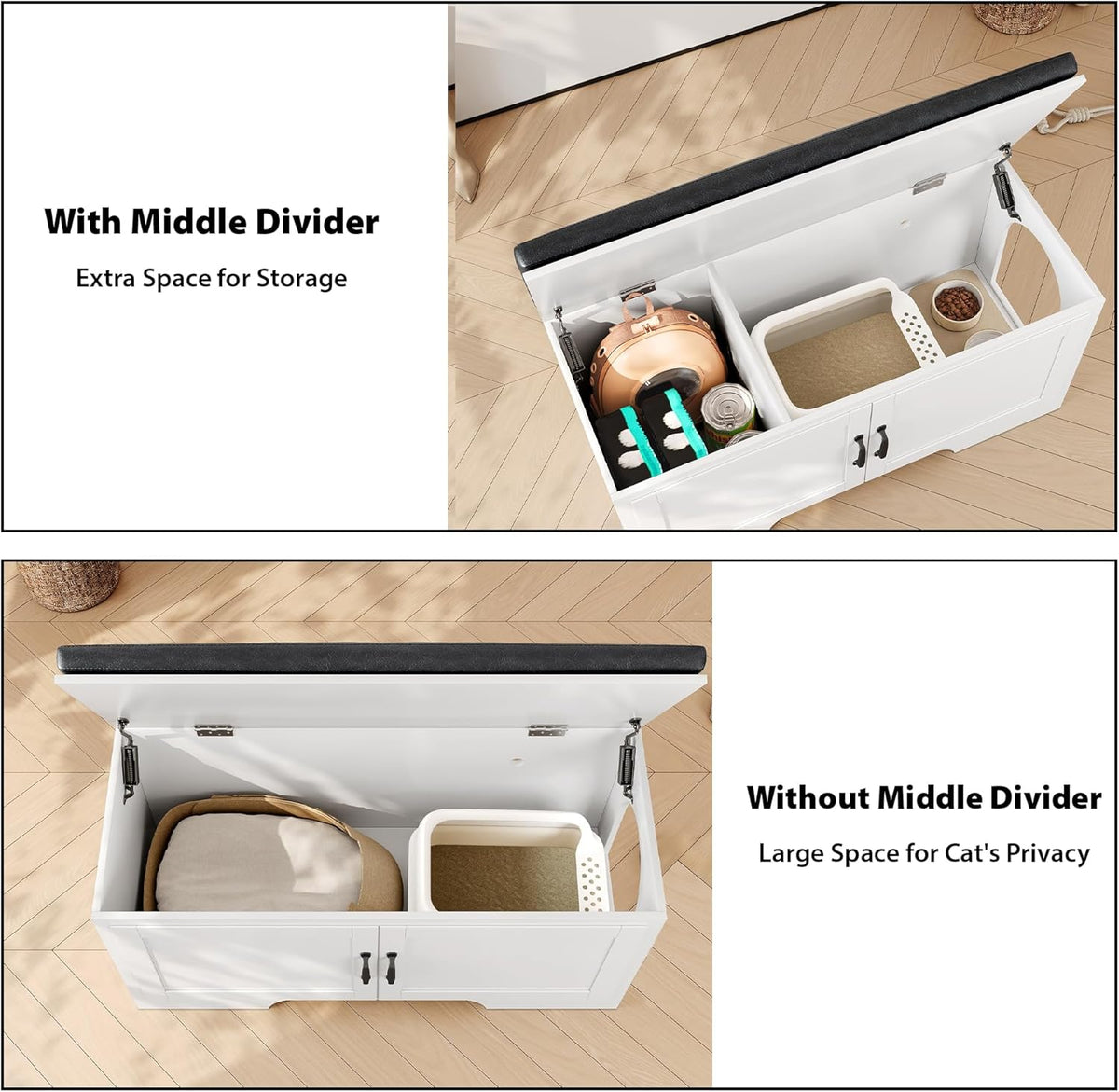 Modern Cat Litter Box Enclosure, 39" Hidden Litter Box Furniture with Removable Padded Seat Cushion, Flip-Top Design, Cat Washroom Bench with Storage Cabinet, Fit Most of Litter Box,White