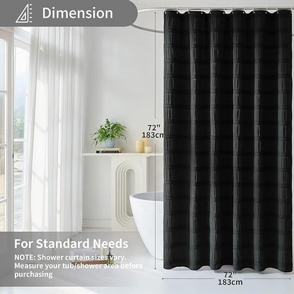 Lameirose Black Shower Curtain Boho, Cotton Blend Waffle Shower Curtain Chic Textured Fabric Shower Curtains for Bathroom, 72 x 72