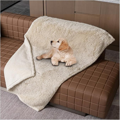 Wowchine Calming Dog Blanket,Waterproof Long Faux Fur Pet Blankets for Medium Puppy Cat Reverible Sofa Couch Covers Washable Pets Ded Cover Cream S-40x28in
