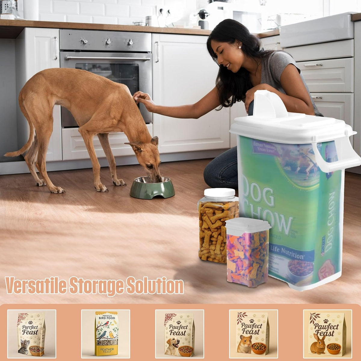 Buddeez Pet Food Storage Solution (Set of 3) - 32QT, 4QT & 2QT BPA-Free Containers with Scoop & Pour Spout for Dry Food, Treats, Chews