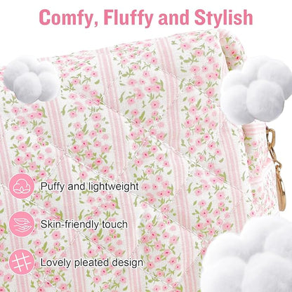 Personalized Quilted Cosmetic Bag, Puffy Monogrammed Christmas Birthday Gifts for Women & Girls, Cute initial Floral Makeup Bag Puffer Coquette Bag, Aesthetic Travel Toiletry Zipper Pouch(Pink,Z)