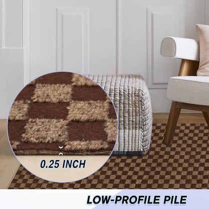 Custom Size Backed Non-Slip Area Rugs Runner, Easy Clean, Waterproof Runner Rugs for Hallway Entryway, Kitchen, Laundry, 2FT x 37FT, Brown Checkered