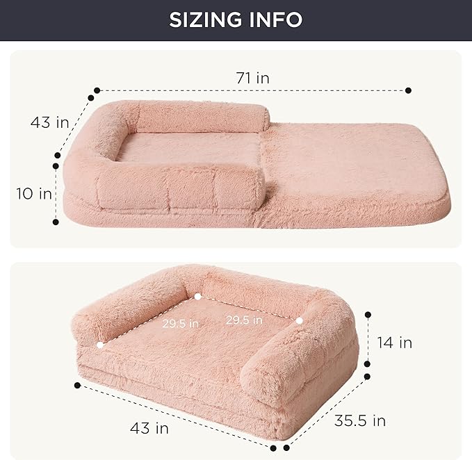 Bedsure Foldable Human Dog Bed for People Adults, 2 in 1 Calming Human Size Giant Dog Bed Fits Pet Families with Egg Foam Supportive Mat and Waterproof Liner, Faux Fur Orthopedic Pet Sofa, Pink