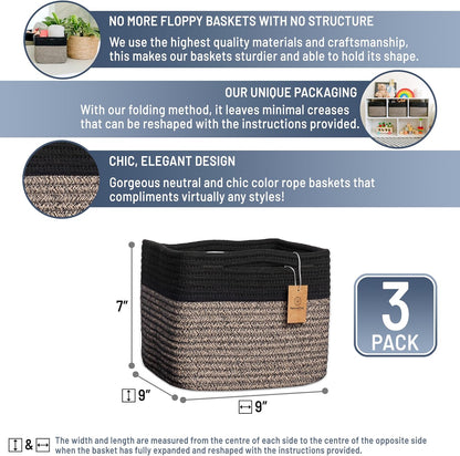 NaturalCozy Storage Cubes 9”x9”x7”Cotton Rope Woven Baskets for Organizing 3-Pack | 9 Inch Cube Storage Bin | Small Basket for Shelf Nursery, Pantry, Decorative Plant, Bathroom Closet, Toy Gift