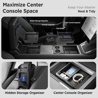 Center Console Organizer Tray for Tesla Model Y Juniper Accessories 2025 2026/For Tesla Model 3 Highland Accessories 2024 2025 2026 [Slide Smoothly/US Patent] Cup Holder Matte Black