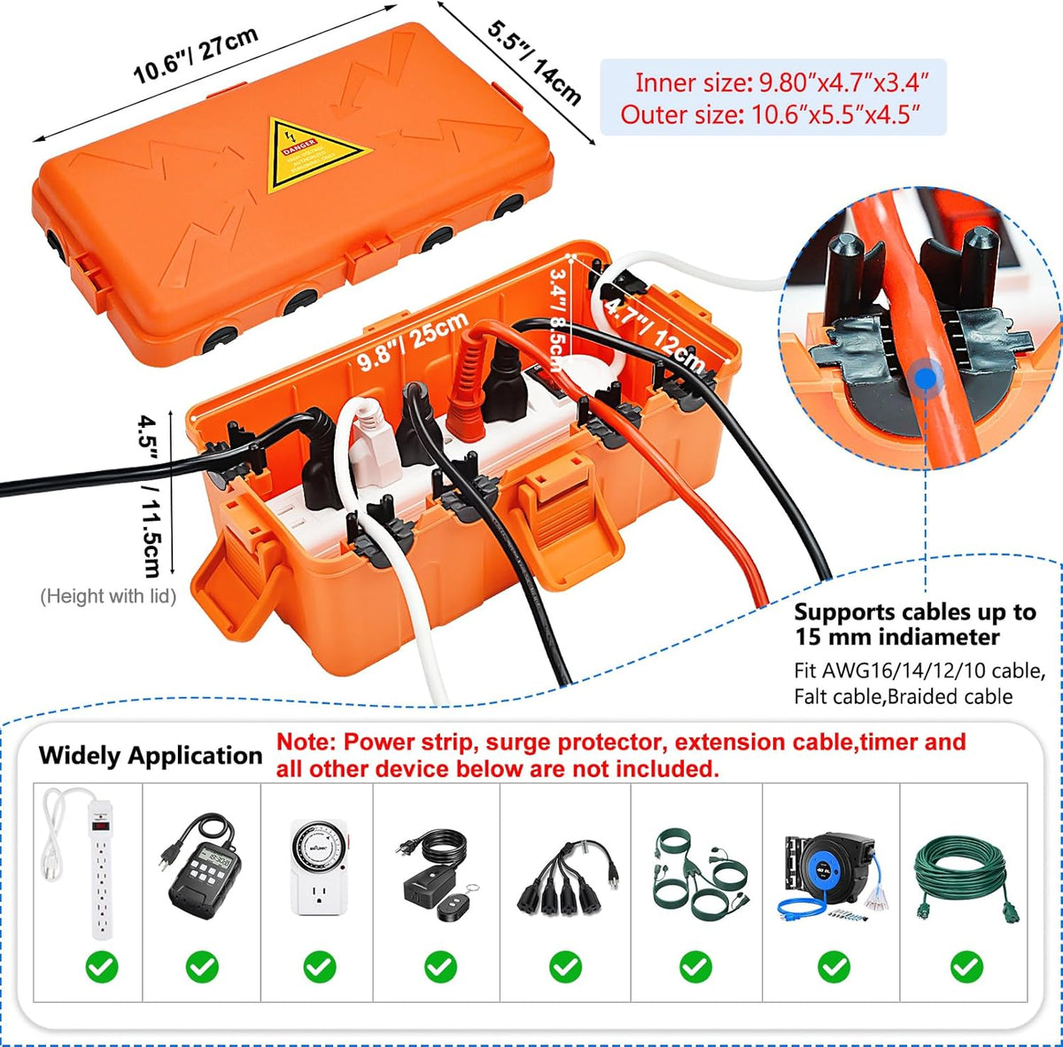Hrensaw Medium Outdoor Electrical Box(10.6x5.5x4.5inch),Weatherproof Connection Box w/6 Cable Entry,IP54 Waterproof Extension Cord Cover Protect Power Strip,Timer,Plug,Holiday Lights,Orange