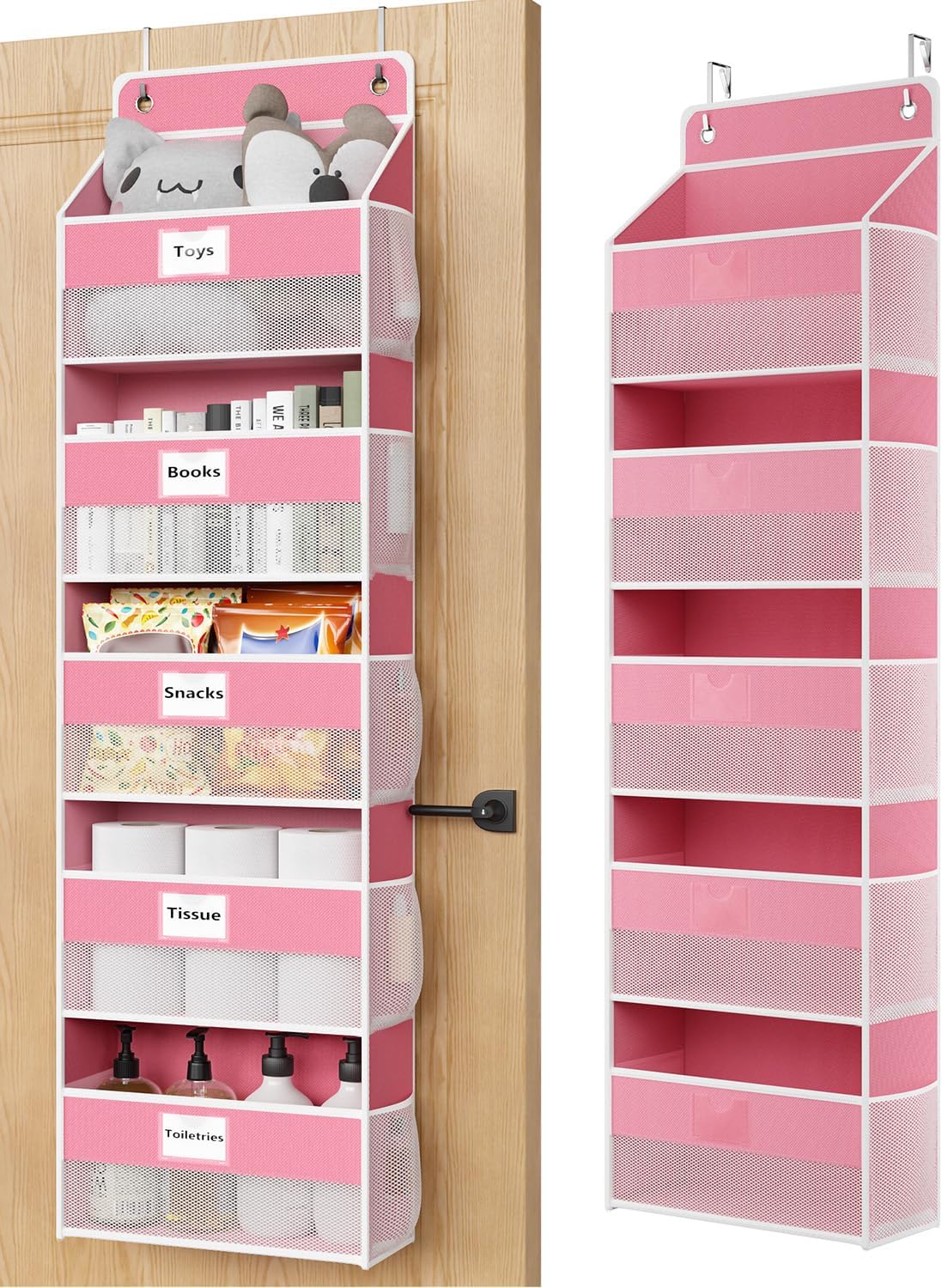 Over The Door Organizer Hanging, 5 Shelf Behind The Doors Storage, Pantry Door Organizer, Closet Organizers for Bedroom and Nursery (Pink)