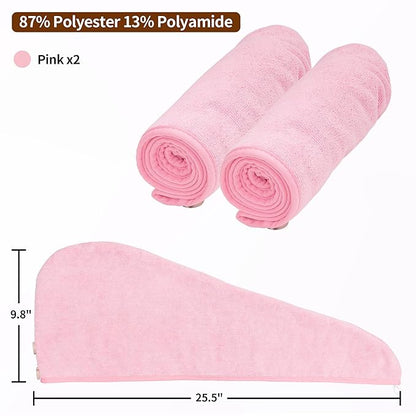 NEXCOVER Hair Towel Microfiber, 2 Pack Pink 9.8 inch X 25.5 inch Hair Wrap,Ultra Absorbent Hair Turbans,Fast Drying Head Towels for Women Wet Hair,Long,Curly,Thick,Frizzy Hair