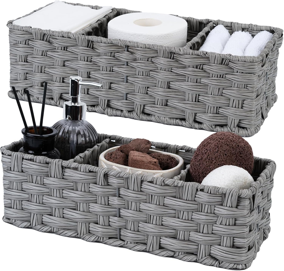GRANNY SAYS Toilet Tray Tank Topper, Wicker Baskets for Storage, Set of 2 Waterproof Bathroom Basket for Organizing, Gray Bathroom Organization Baskets, 14¼" x 6" x 4¼"