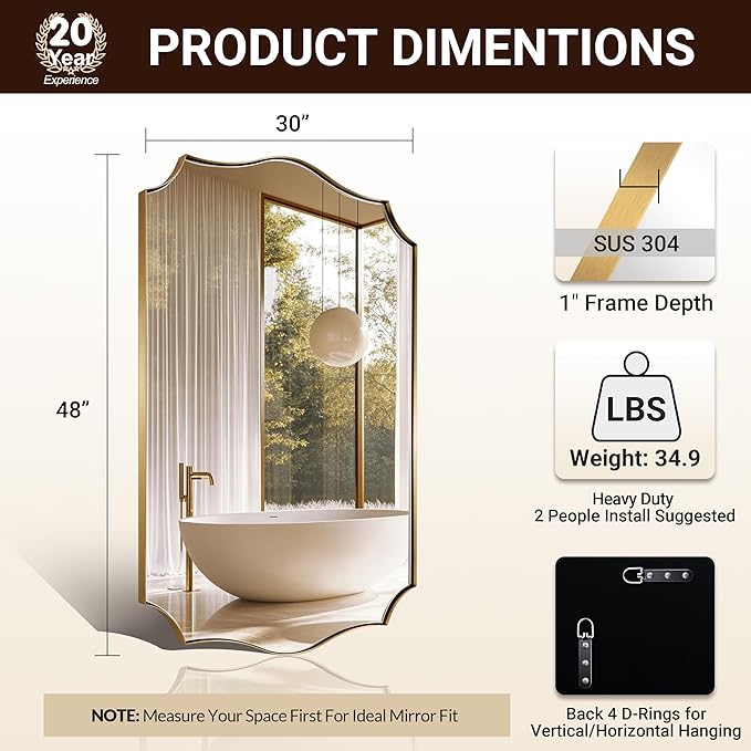 ANDY STAR 30x48 Inch Gold Bathroom Mirror, Large Brushed Gold Rectangle Mirror