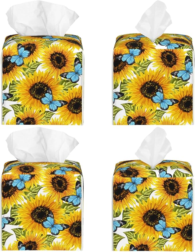 Sunflowers and Blue Butterflies Tissue Box Cover Square,Watercolor Sunflower Tissue Box Holder Waterproof Leather Facial Paper Organizer Dispenser for Bathroom Home Car Nightstand Vanity Desk