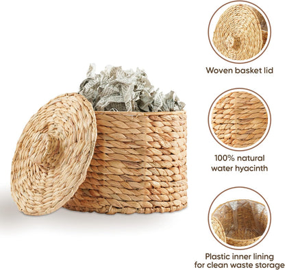 Greenatural Wicker Trash Can, 14x14x11 in Handwoven Water Hyacinth Waste Basket with Lid, Wicker Storage Bin with Natural Finish, Rustic Garbage Can for Laundry Room, Bathroom, Bedroom, Office