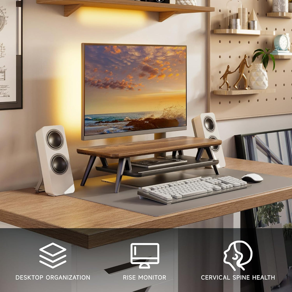 Fenge Monitor Stand, Monitor Stands Riser for Desk, 23.6 Inch Wood Desk Shelf with Storage Organizer and Cable Management for Office Desk Accessories