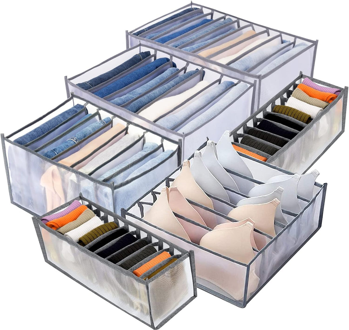 TOOVREN Drawer Organizers for Clothing 6PCS, Wardrobe Clothes Organizer, Dresser Drawer Organizer Clothes Jeans Storage Socks Underwear Organizer (Shirt+Jeans+T-Shirt+Bra+Underwear+Socks Grids, Gray)