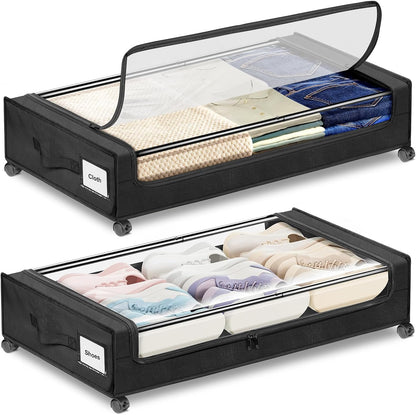 Under Bed Storage with Wheels 2-Pack，Under Bed Storage Containers XXL，Underbed Shoes Storage with Clear Lid,Rolling UnderBed Metal Drawer for Clothes Blankets Easy Pull-out Black