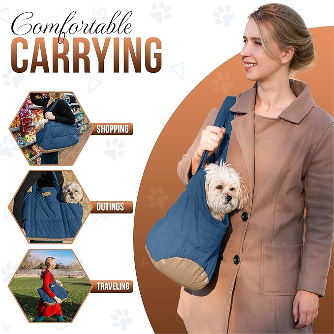 NoblePup Plush Dog Purse Carrier for Small Dogs, Soft Dog Tote Bag with Safety Harness Clip, Cozy Pet Carrier for Dogs Under 15 lbs, Comfortable Dog Shoulder Carrier for Travel, Dark Blue