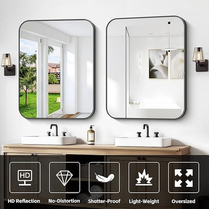 Bathroom Mirror, 30 x 24 inch Metal Framed Black Rectangle Mirror, Rounded