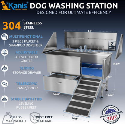 KANIS Professional Dog Washing Station - 304 Stainless Steel Pet Wash Sink & Grooming Bathtub w/Shower, Floor Grates and Storage for Large, Medium & Small Pets (61", 1 Drawer - Right Ramp)
