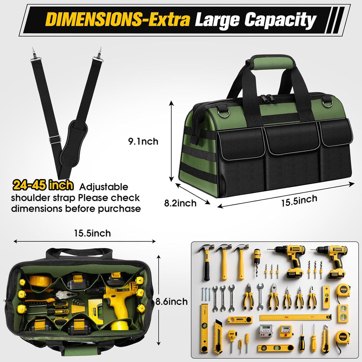 Heavy Duty Tool Bag 16-Inch - 19 Pockets Tool Organizer, Portable Electrician Toolbox W/Soft Handle, Christmas Birthday Gift Ideas for Men Dad Husband Him Mechanic Plumber, Wide Mouth Tool Storage Box