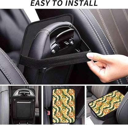 Boho Daisy Center Console Armrest Cover Hippie Car Center Console Pad Yellow Green Stripe Automotive Decor Accessories Arm Rest Seat Box Covers