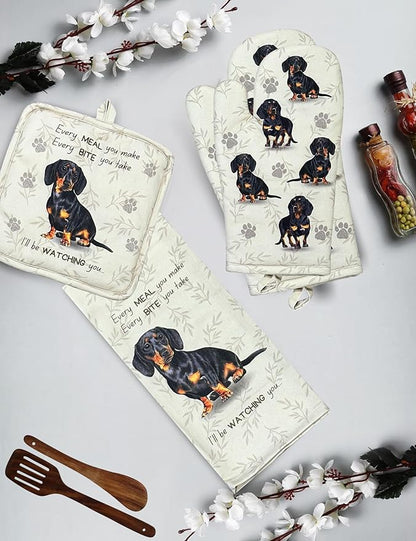 Dachshund 3-Piece Kitchen Set - Oven Mitt, Pot Holder & Kitchen Towel Set, Heat Resistant up to 420 F, Soft Quilted Cotton for Cooking, Baking, BBQ, Pet Lover Gifts (Dachshund Black)