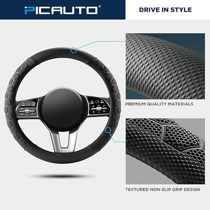 PIC AUTO Massage Steering Wheel Cover, Black Football Pattern Material Spliced Leather Car Steering Wheel Protector, Car Interior Accessories, Universal Fit 14.5"-15.5" for Cars, Trucks, Van, SUV